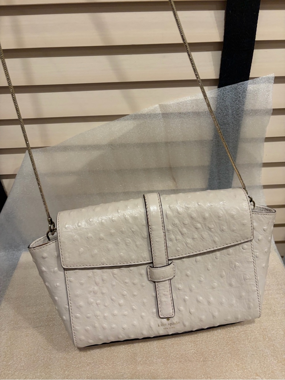Kate Spade Riverside Street ostrich embossed Emmie xbody Bag in neutral leather
